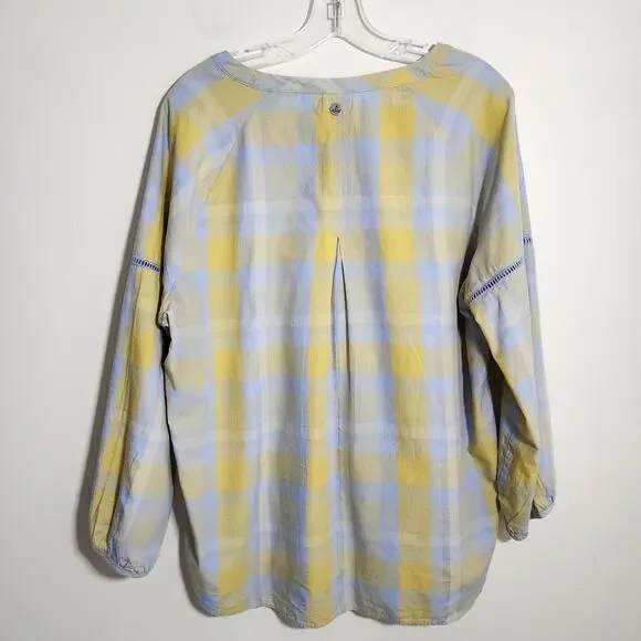 PrAna Elena popover yellow & blue plaid vneck button front shirt woman's size XL - Picture 5 of 12